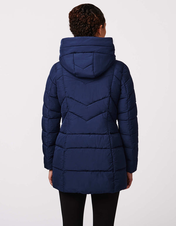 womens dark blue puffer jacket used as an urban outerwear is quilted and warm for winter in a slim fitting mid length silhouette
