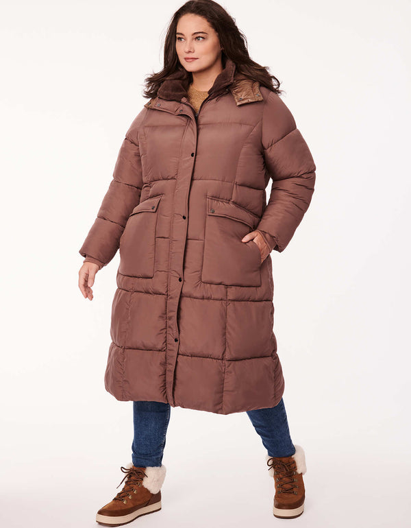 plus size ladies brown peppercorn puffer coat during heavy winter with removable hood and side pockets