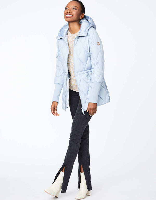 womens light blue puffer jacket with drawstring hood and zip hand pockets