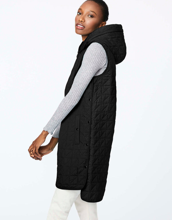womens black puffer vest with snap hand pockets and rounded hem