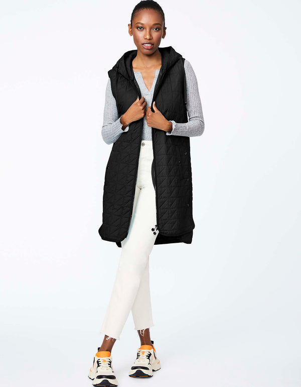 stay warm and stylish during spring in this above knee length black puffer vest for women with triangle quilt design and drawstring hood