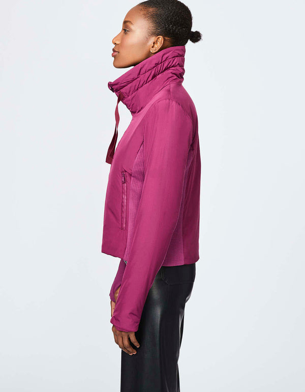 berrywine colored slim fit puffer jacket that is lightweight and layerable and offers both style and warmth