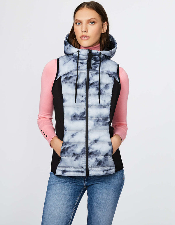 fashion forward neoprene print vest with sustainable ecoplume filler for women