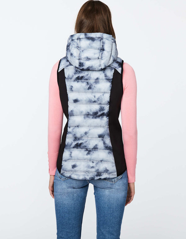hip length printed vest in neoprene filled with sustainable insulation perfect for stylish women
