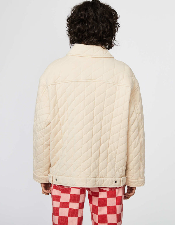 lightweight womens jacket in cream color that is a crossover between a jacket and a shirt made by sustainable fashion brand