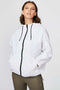 white hooded shell jacket for women featuring oversize fit and hip length