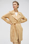 belted wrap jacket in light tan in vegan suede mixes trench styling with a wide lapel tonal waist seam and ample hand pockets