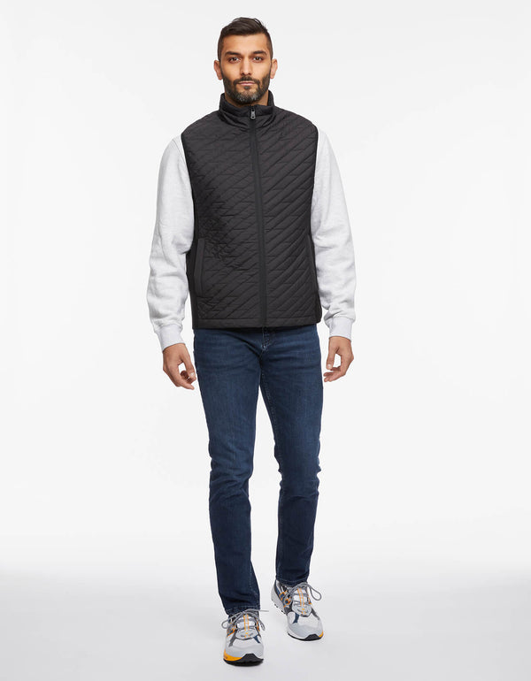 black puffer vest for men with modern mix of fabrics that provide quilted texture in a diagonal pattern contrasted with smooth solid sides