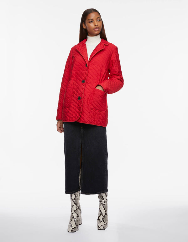 poppy red colored light quilted jacket with diagonal stitching styled with inner drawstring waist to streamline your look