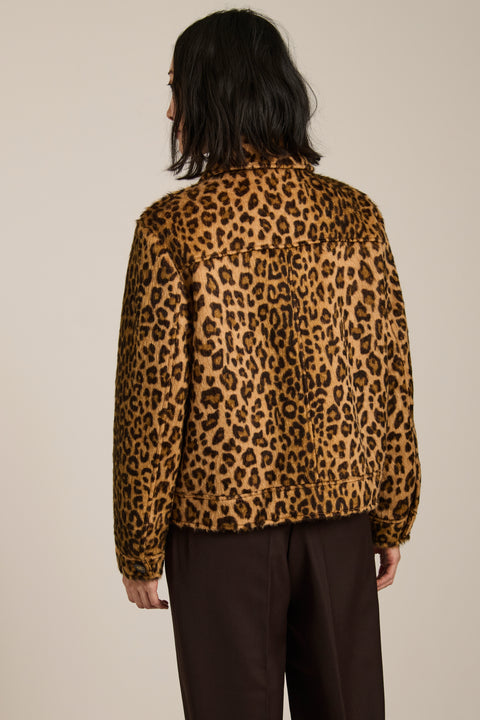 Women's brushed leopard print jacket with utility pockets and button-front closure