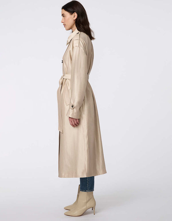 Double-breasted satin trench coat with self-tie belt, adjustable cuffs, and subtle shimmer. Elegant, functional, and sophisticated for any occasion.