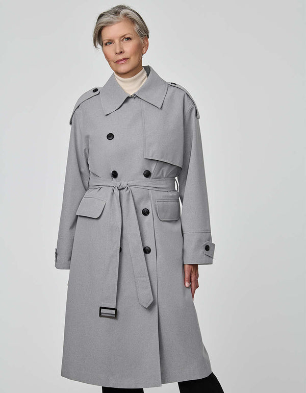 Refined Highgate Trench Coat for women with storm flap and self-belt in a wool-like fabric.