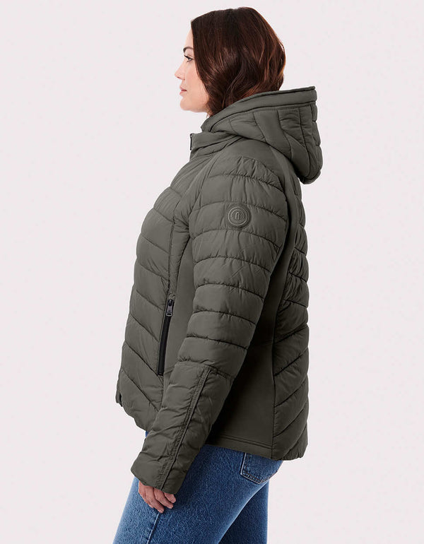 neo active double up hooded puffer jacket that features a zip off bib design with a sustainable filler