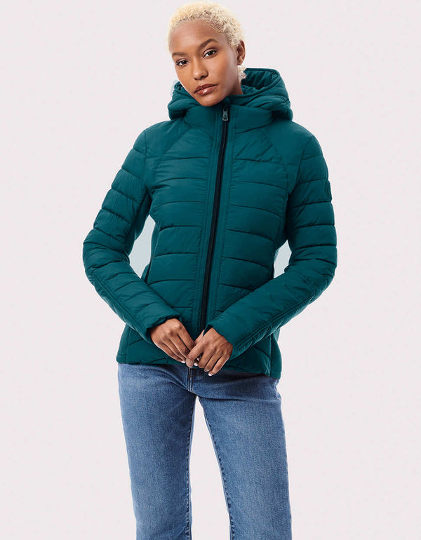 womens water resistant double puffer warmer with zip off vest and pockets in poseidon color