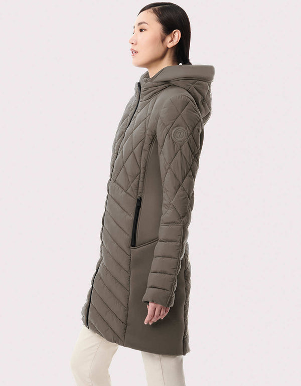 where to buy grey jacket that is mid length green semi fitted and has environmental friendly insulation