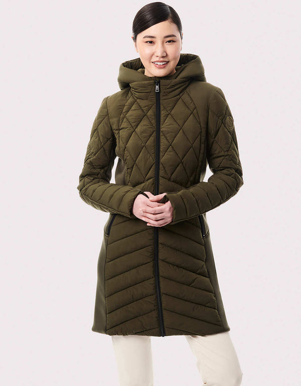 shop now green puffer jacket for women with hood and quilted design made from green materials