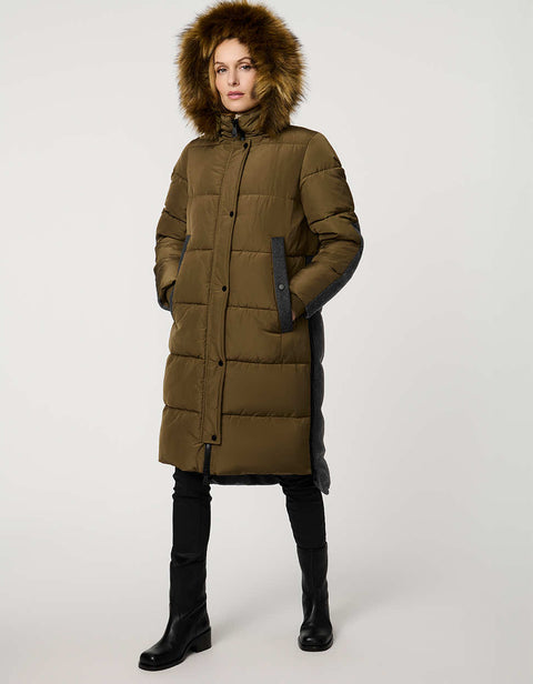 olive green classic wool combo puffer coat with fake fur trimmed hood and snap hand pockets  