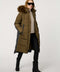 olive green classic wool combo puffer coat with fake fur trimmed hood and snap hand pockets  