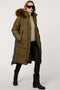 olive green classic wool combo puffer coat with fake fur trimmed hood and snap hand pockets  