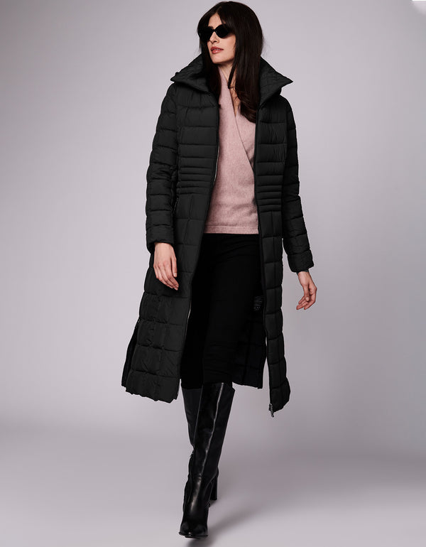 black long puffer coat that pairs perfectly with boots and cruelty free ecoplume insulation