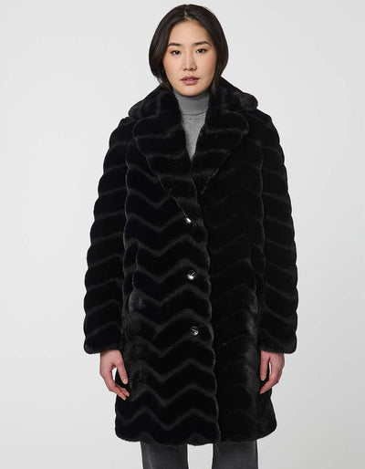 Vegan Fur Coat for Women with Zigzag Seams - Black - Bernardo