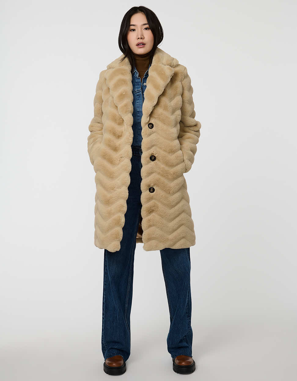 Vegan Fur Coat for Women with Zigzag Seams - Tan - Bernardo – Bernardo