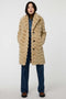 oversized tan vegan fur coat with tonal zigzag seams and angled hand pockets mid length design