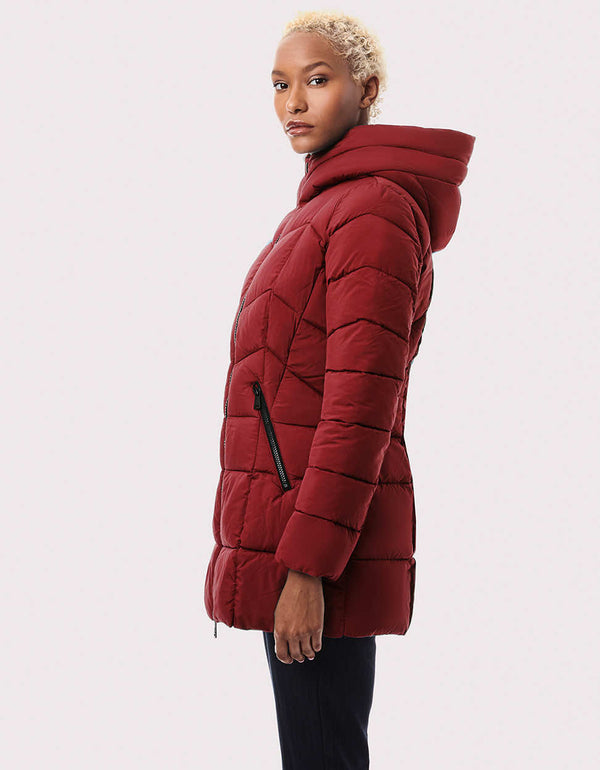 slim fit mid length red puffy outerwear that zips from neck to mid length with tonal stitching to add angles