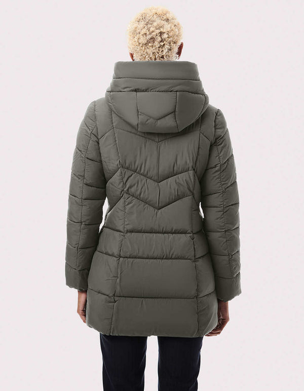bluesign approved ecoplume insulation in gray padded jacket that is soft and light weight