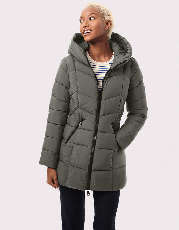slim fit quilted puffer outerwear with sustainable filler and fully chic attached plush hood