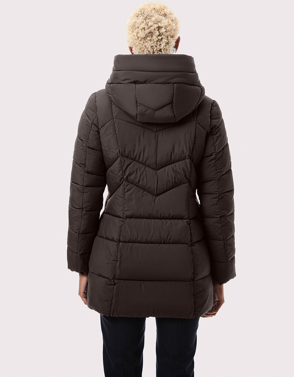 womens blue puffy jacket with diagonal zipper pockets and horizontal tonal stitching for winter and fall