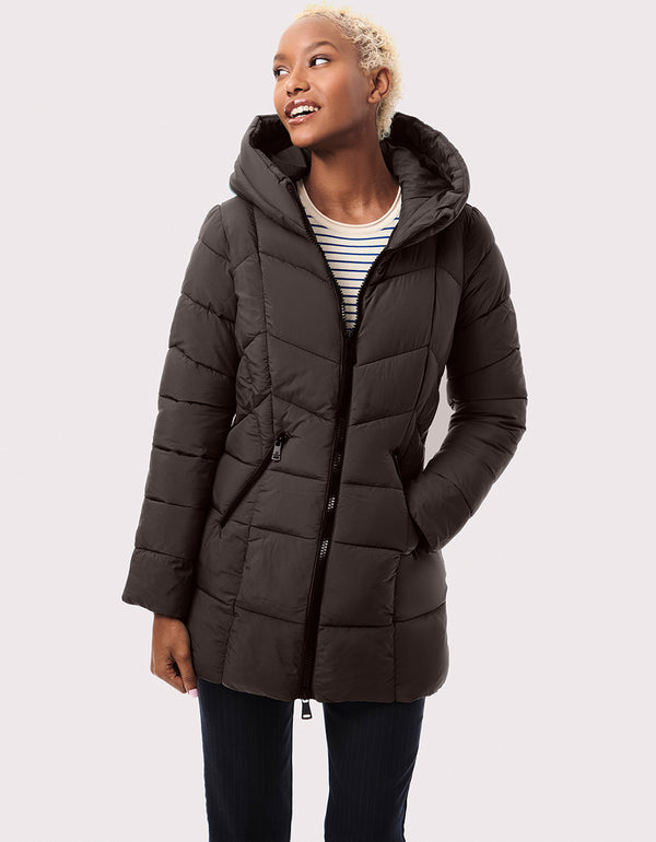 blue chic padded jacket for women with sustainable filler and slim fit mid length silhouette