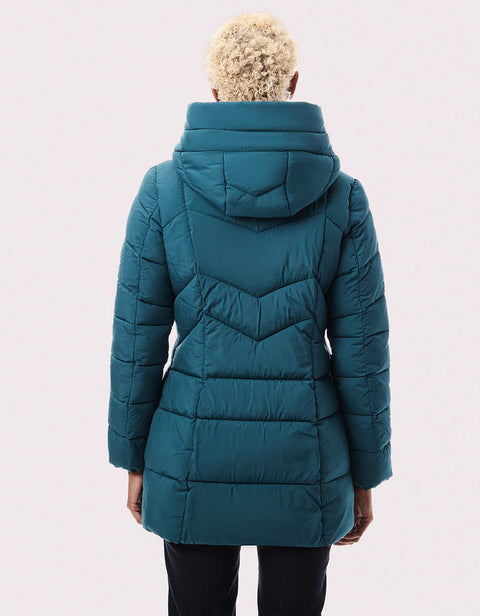 blue winter puffy jacket that can become your statement piece when partnered with basic clothing 