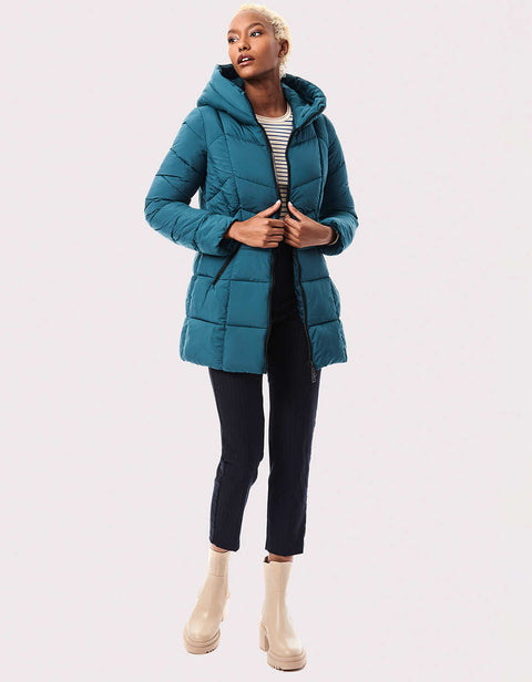 cruelty free blue padded jacket in a slim fit mid length silhouette and diagonal zipper hand pockets 
