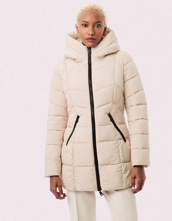 women's  puffer jacket used as an urban outerwear is quilted and warm for winter in a slim fitting mid length silhouette