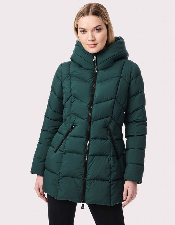 streamlined from neck to the mid length puffer outerwear outlines the woman's shoulders waist and hips