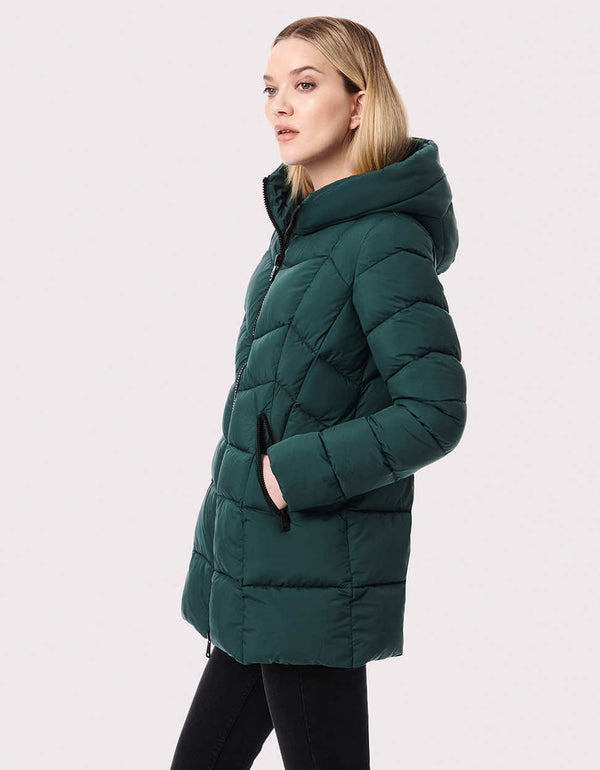 functional dark forest colored funnel quilted puff outerwear that makes you feel and look tall