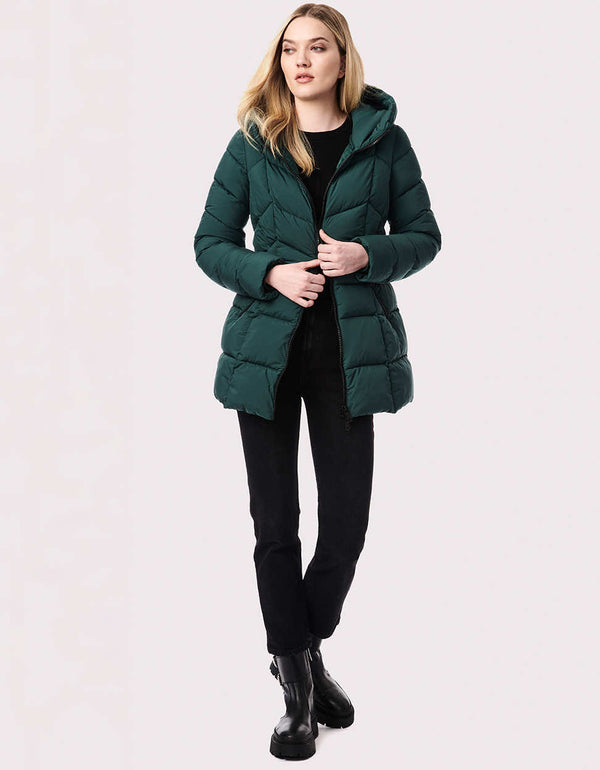 womens fab funnel easy care puffer jacket made with an environmental friendly filler called ecoplume