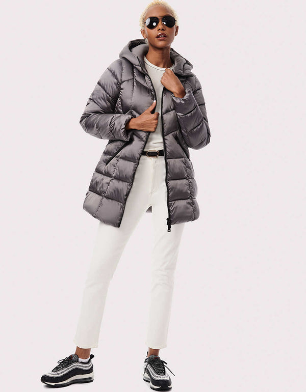 womens robotic feel quilted gray puffer jacket that provides enough warmth without the extra bulk