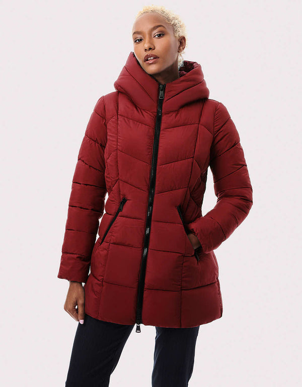 womens red puffer jacket with fully attached plush hood and sustainable filler made from plastic bottles