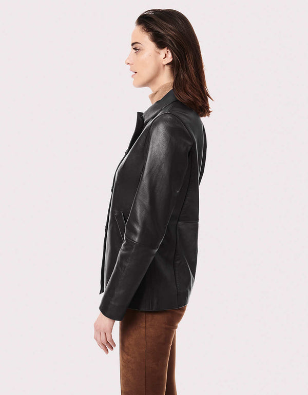 midnight black hip length semi fitted true leather jacket with welted pockets and chic collar