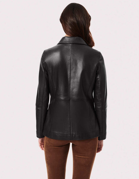 back view of a must have high quality black leather jacket for motorcycle women riders and enthusiasts 