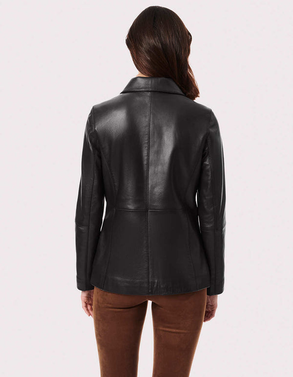 back view of a must have high quality black leather jacket for motorcycle women riders and enthusiasts