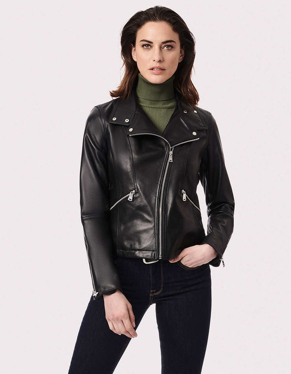 womens classical motorcycle leather jacket with cool collar snaps and hip zipper hand pockets