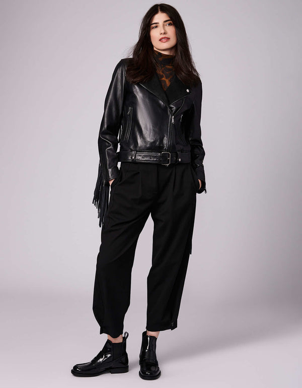 moto black jacket with a buckle belt design and legendary zippers that elevate the whole look of an outfit