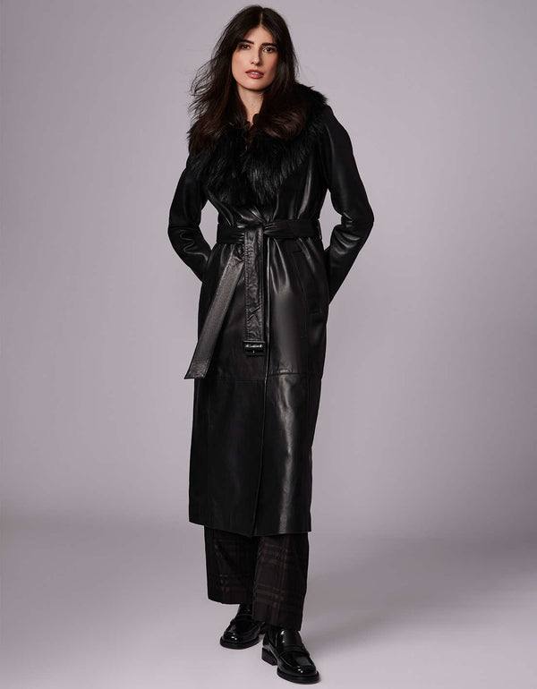 womens long fur coat with two looks in one design made from genuine leather and faux fur