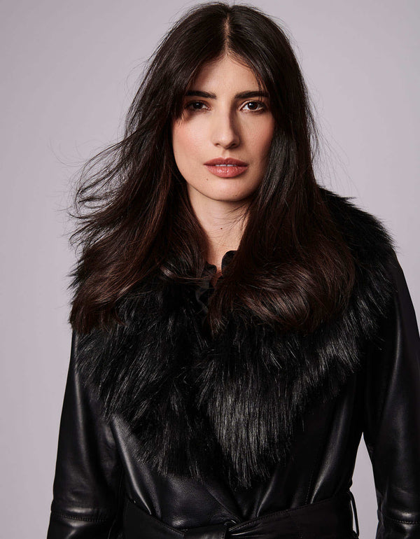 black leather faux fur coat for women with an aesthetically pleasing chic and sleek belted design