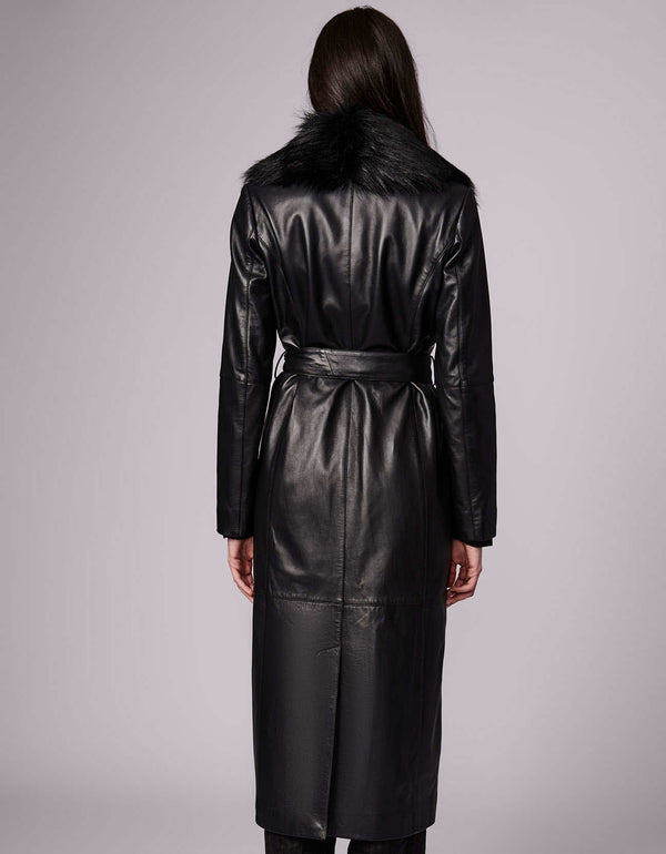 long leather glam coat for fall and winter events that can conjure multiple looks with just one piece