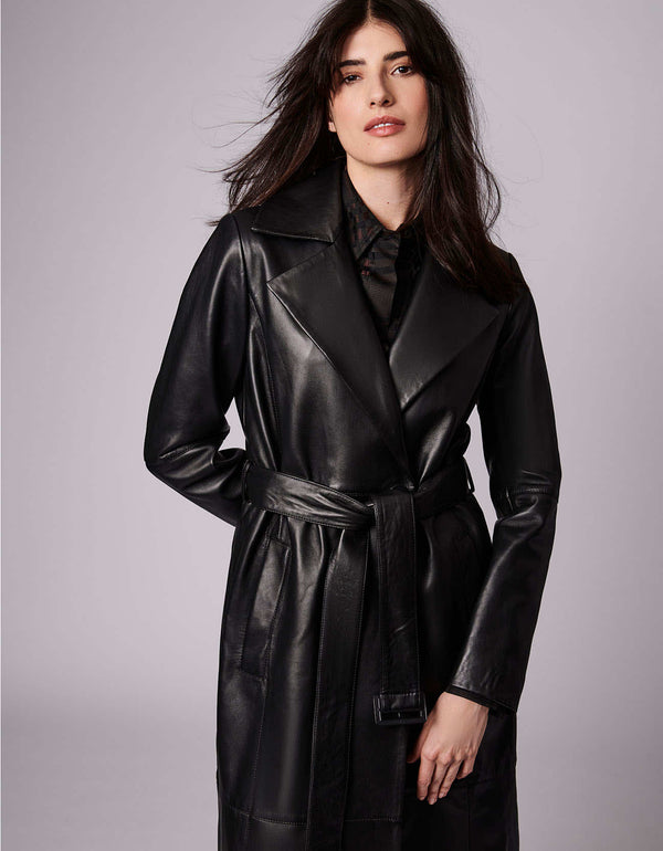 black leather long coat that is one of the essentials of an american or canadian fashionistas
