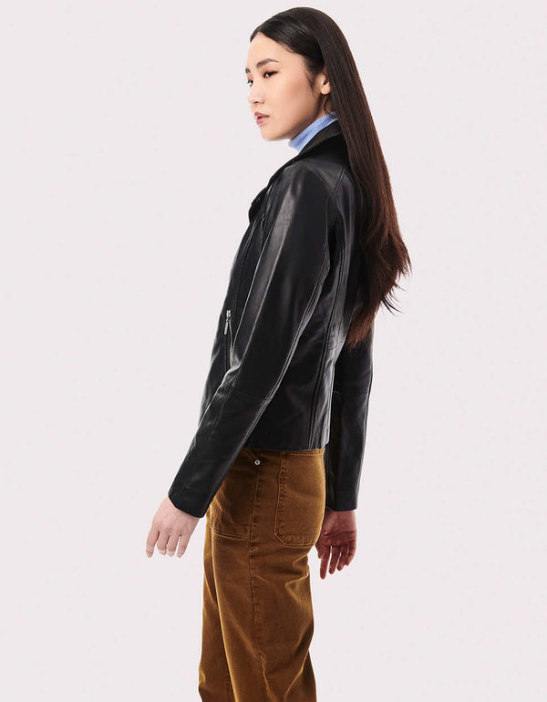 womens black moto jacket from city streets to country getaways that streamlines the back with an soft edgy look